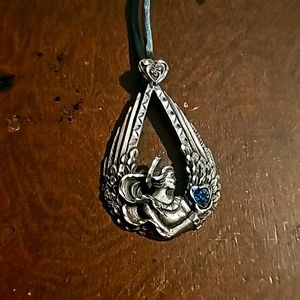 Vintage Pewter Lady Large Pendant (3"x2"), w/Emerald Gemstone on Ribbon